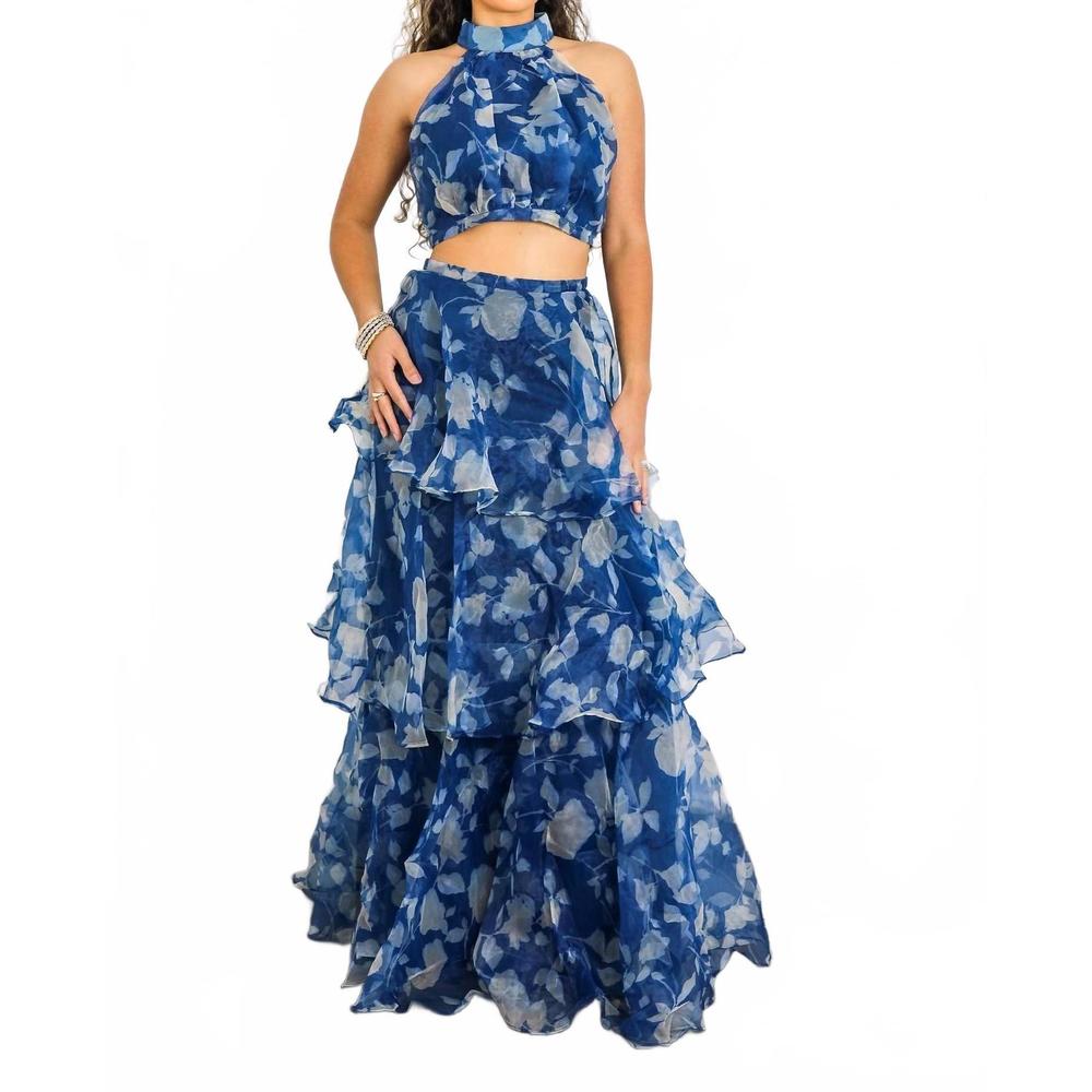 NEW SURELYMINE tiered ruffle two-piece set halter crop top & maxi skirt in blue - Picture 2 of 8